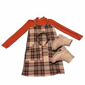 Plaid Jumper Dress with Headband and Boots Set